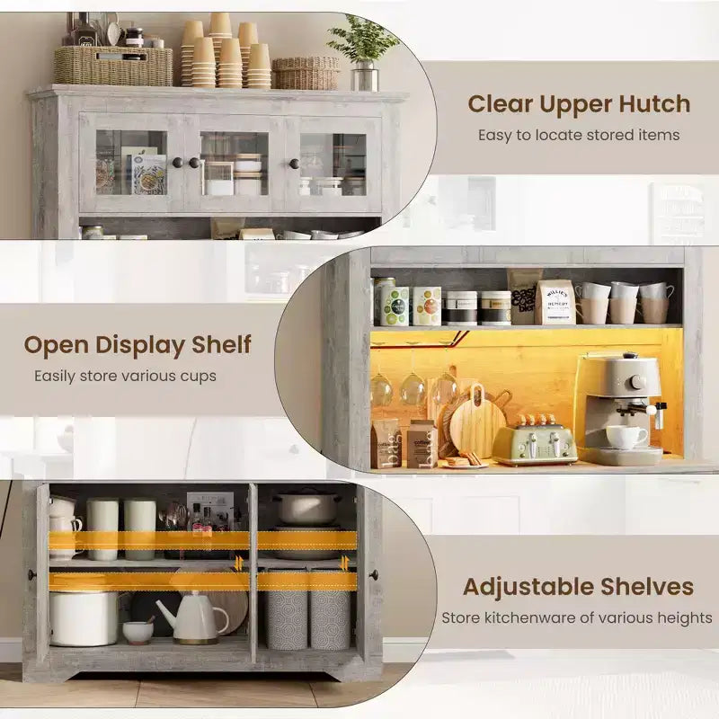 Mueble de despensa alto de 69 pulgadas con luces LED y estación de carga, armario de almacenamiento grande para despensa de cocina, aparador de cocina, mueble para barra de café con botellero