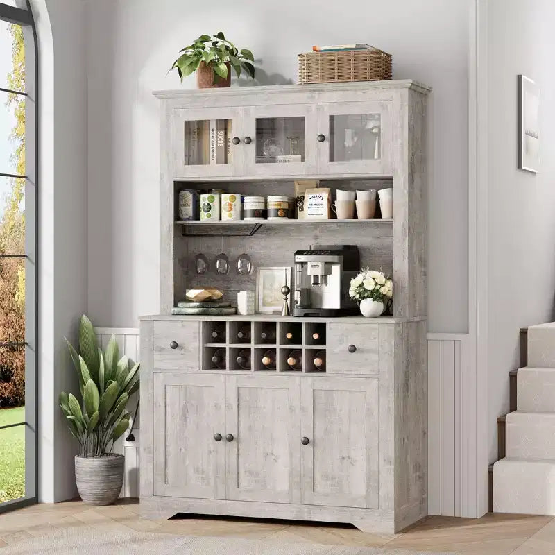Mueble de despensa alto de 69 pulgadas con luces LED y estación de carga, armario de almacenamiento grande para despensa de cocina, aparador de cocina, mueble para barra de café con botellero