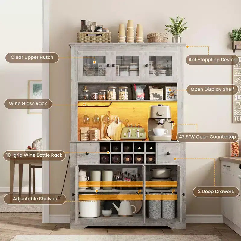 Mueble de despensa alto de 69 pulgadas con luces LED y estación de carga, armario de almacenamiento grande para despensa de cocina, aparador de cocina, mueble para barra de café con botellero