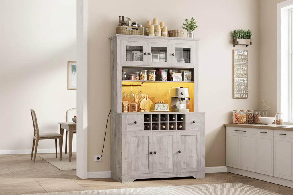 69 Tall Pantry Cabinet with LED Lights & Charging Station, Large Kitchen Pantry Storage Cabinet Kitchen Hutch Coffee Bar Cabinet with Wine Rack