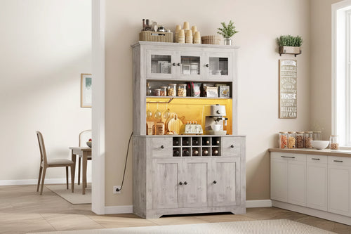 69 Tall Pantry Cabinet with LED Lights & Charging Station, Large Kitchen Pantry Storage Cabinet Kitchen Hutch Coffee Bar Cabinet with Wine Rack