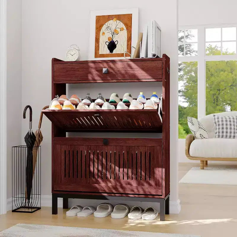 Zapatero Moderno de Madera con 2 Cajones Abatibles y Cajón Grande, Organizador de Zapatos con Estante Ajustable, Almacenamiento Oculto de Zapatos para Entrada, Sala de Estar