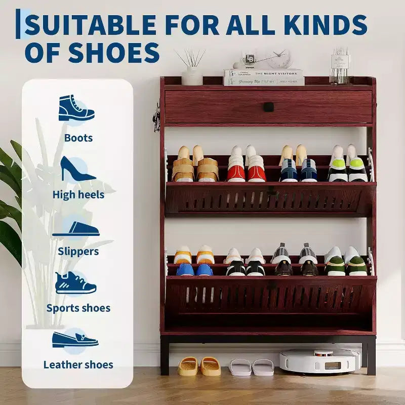 Zapatero Moderno de Madera con 2 Cajones Abatibles y Cajón Grande, Organizador de Zapatos con Estante Ajustable, Almacenamiento Oculto de Zapatos para Entrada, Sala de Estar