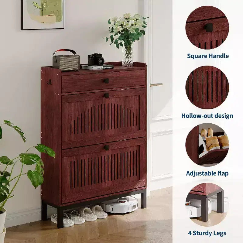 Zapatero Moderno de Madera con 2 Cajones Abatibles y Cajón Grande, Organizador de Zapatos con Estante Ajustable, Almacenamiento Oculto de Zapatos para Entrada, Sala de Estar