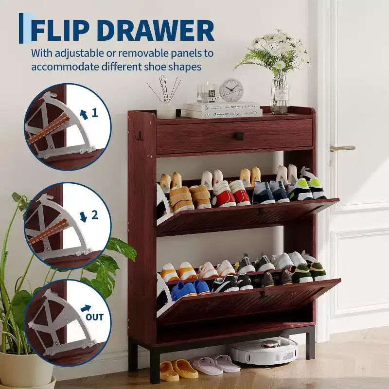 Zapatero Moderno de Madera con 2 Cajones Abatibles y Cajón Grande, Organizador de Zapatos con Estante Ajustable, Almacenamiento Oculto de Zapatos para Entrada, Sala de Estar