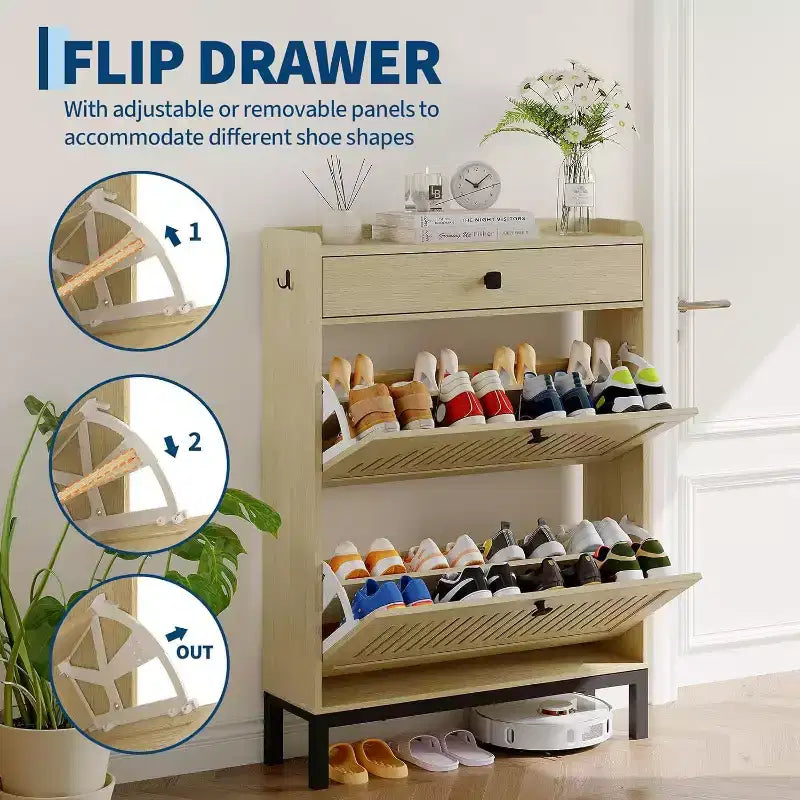 Zapatero Moderno de Madera con 2 Cajones Abatibles y Cajón Grande, Organizador de Zapatos con Estante Ajustable, Almacenamiento Oculto de Zapatos para Entrada, Sala de Estar