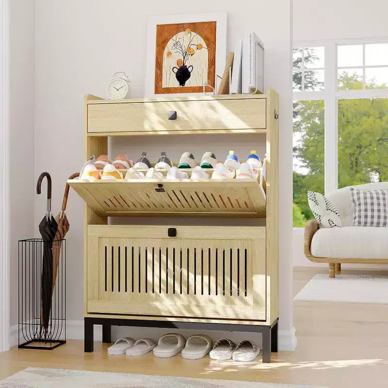 Zapatero Moderno de Madera con 2 Cajones Abatibles y Cajón Grande, Organizador de Zapatos con Estante Ajustable, Almacenamiento Oculto de Zapatos para Entrada, Sala de Estar