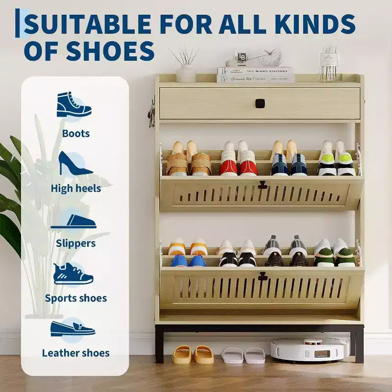 Zapatero Moderno de Madera con 2 Cajones Abatibles y Cajón Grande, Organizador de Zapatos con Estante Ajustable, Almacenamiento Oculto de Zapatos para Entrada, Sala de Estar