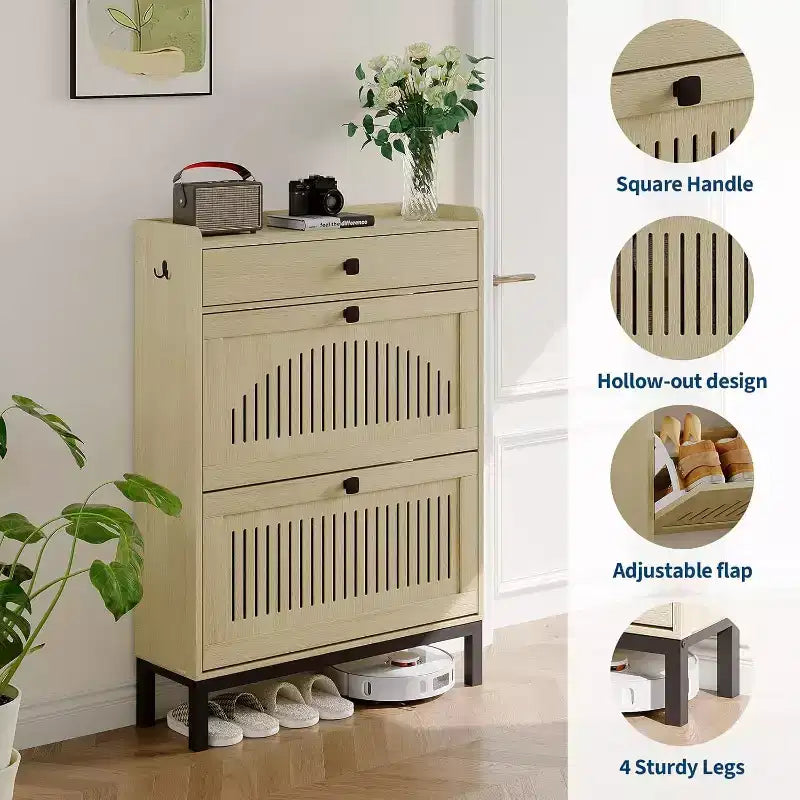 Zapatero Moderno de Madera con 2 Cajones Abatibles y Cajón Grande, Organizador de Zapatos con Estante Ajustable, Almacenamiento Oculto de Zapatos para Entrada, Sala de Estar