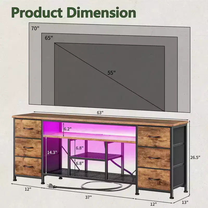 Mueble de TV Marrón de 63 Pulgadas Qwatto con Estación de Carga, Luces LED, 6 Cajones de Tela, Centro de Entretenimiento para Televisores de hasta 70 Pulgadas, Almacenamiento para Dormitorio