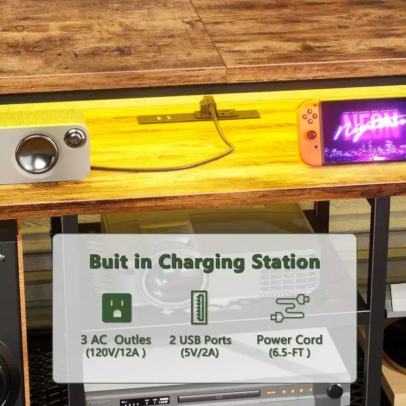 Mueble de TV Marrón de 63 Pulgadas Qwatto con Estación de Carga, Luces LED, 6 Cajones de Tela, Centro de Entretenimiento para Televisores de hasta 70 Pulgadas, Almacenamiento para Dormitorio