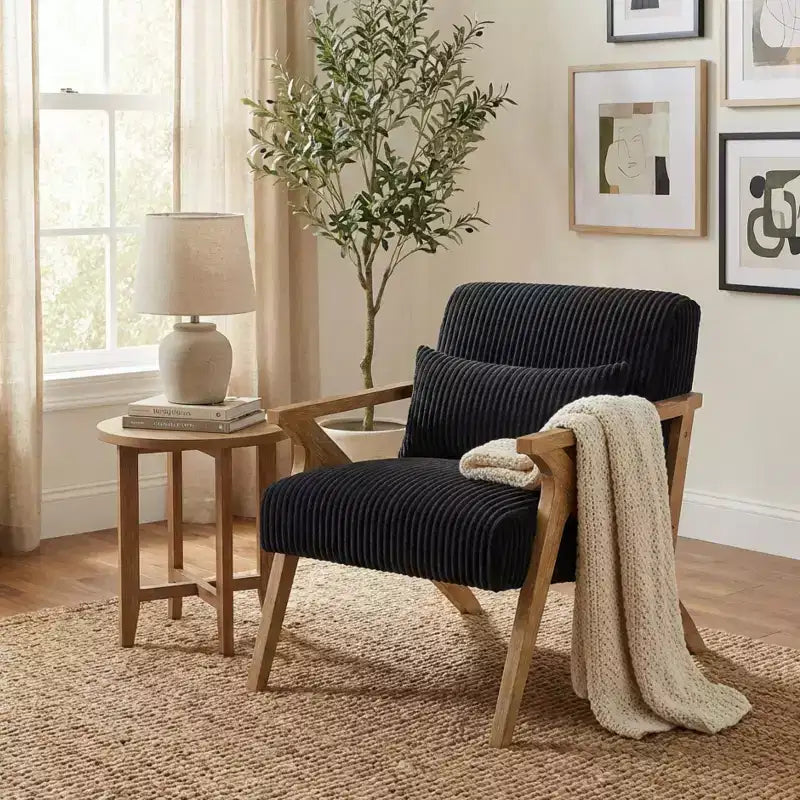 Sillón Decorativo Moderno GDFStudio Mason con Estructura de Madera de Caucho y Tapizado de Pana con Cojín