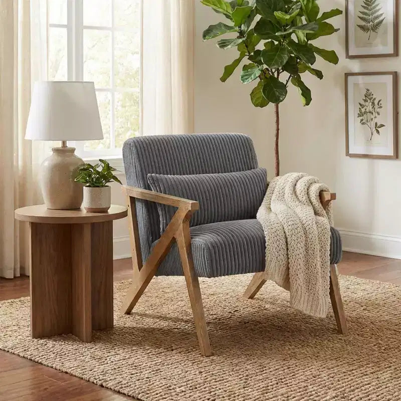 Sillón Decorativo Moderno GDFStudio Mason con Estructura de Madera de Caucho y Tapizado de Pana con Cojín