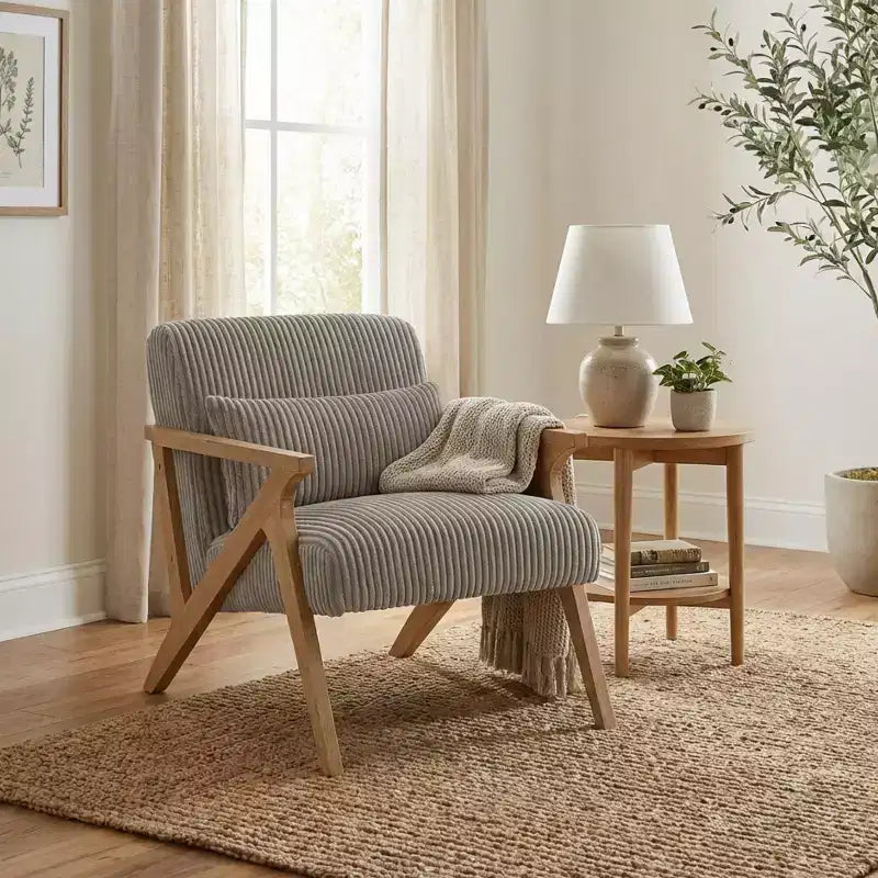 Sillón Decorativo Moderno GDFStudio Mason con Estructura de Madera de Caucho y Tapizado de Pana con Cojín