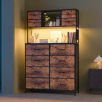 Cómoda para dormitorio, cajonera de tela de 12 cajones, estantes abiertos, tapa de madera y estructura de metal para dormitorio, pasillo o sala de estar