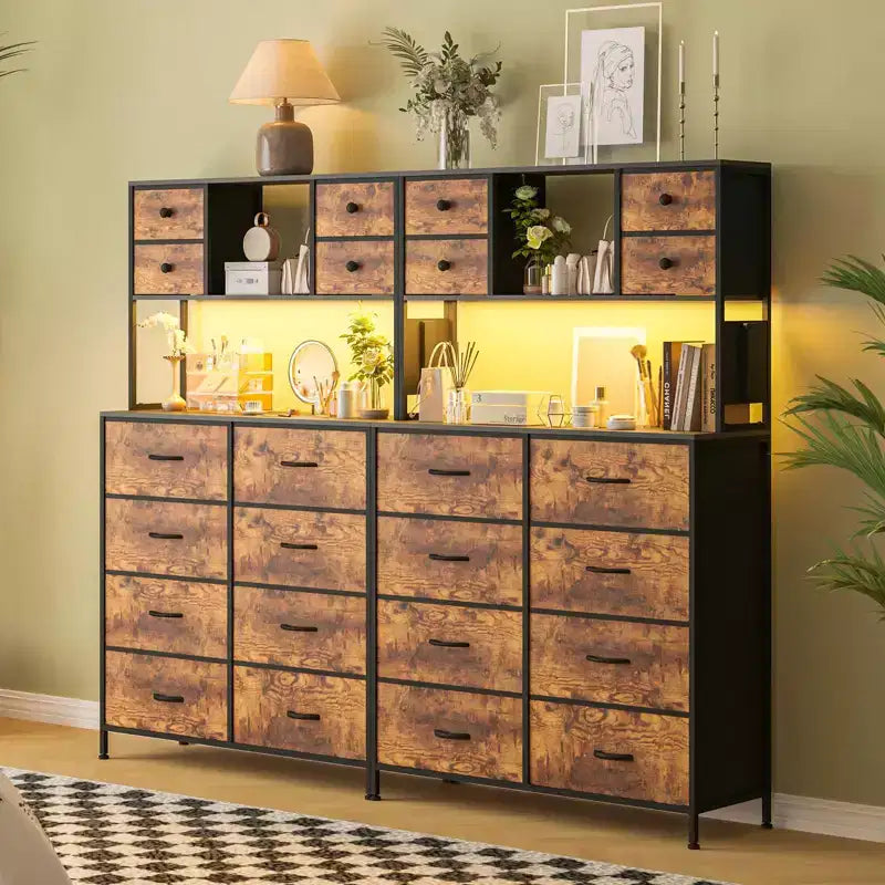 Cómoda para dormitorio, cajonera de tela de 12 cajones, estantes abiertos, tapa de madera y estructura de metal para dormitorio, pasillo o sala de estar