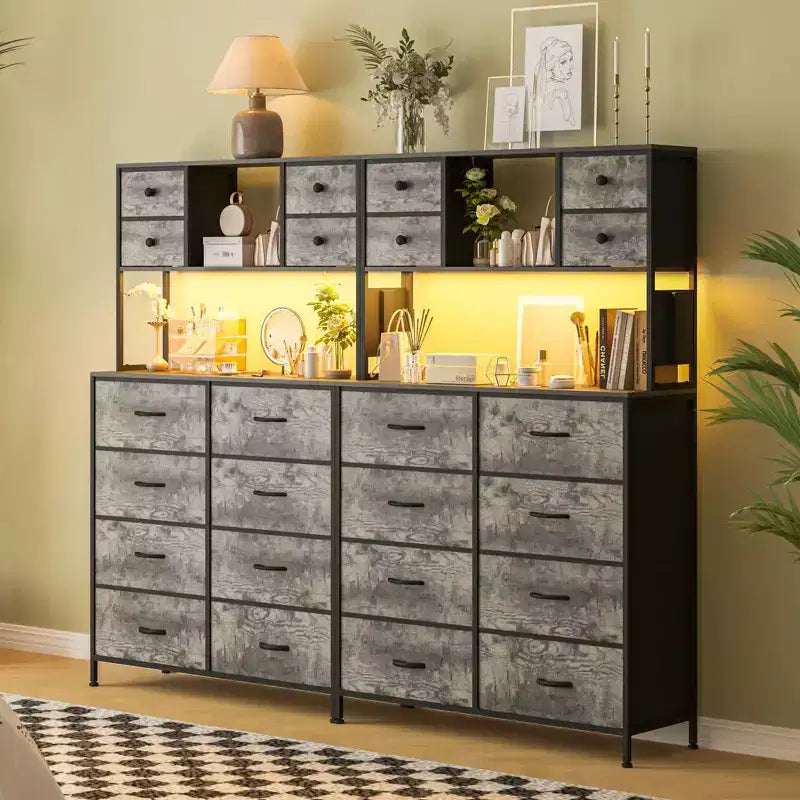 Cómoda para dormitorio, cajonera de tela de 12 cajones, estantes abiertos, tapa de madera y estructura de metal para dormitorio, pasillo o sala de estar