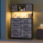 Cómoda para dormitorio, cajonera de tela de 12 cajones, estantes abiertos, tapa de madera y estructura de metal para dormitorio, pasillo o sala de estar