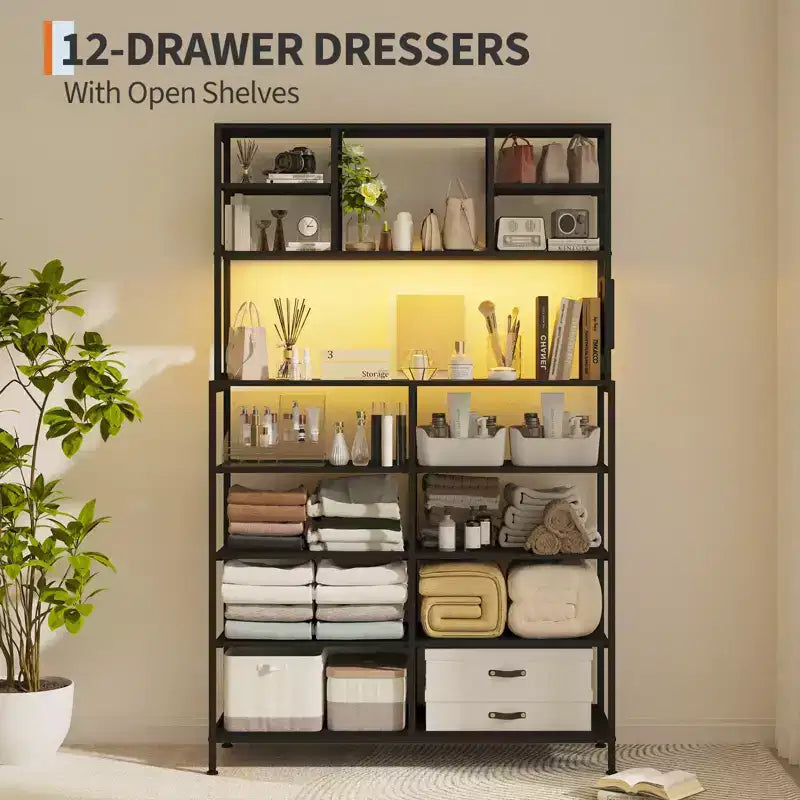 Cómoda para dormitorio, cajonera de tela de 12 cajones, estantes abiertos, tapa de madera y estructura de metal para dormitorio, pasillo o sala de estar