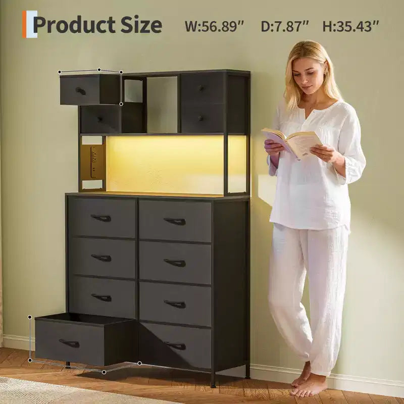 Cómoda para dormitorio, cajonera de tela de 12 cajones, estantes abiertos, tapa de madera y estructura de metal para dormitorio, pasillo o sala de estar