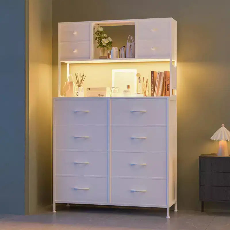 Cómoda para dormitorio, cajonera de tela de 12 cajones, estantes abiertos, tapa de madera y estructura de metal para dormitorio, pasillo o sala de estar