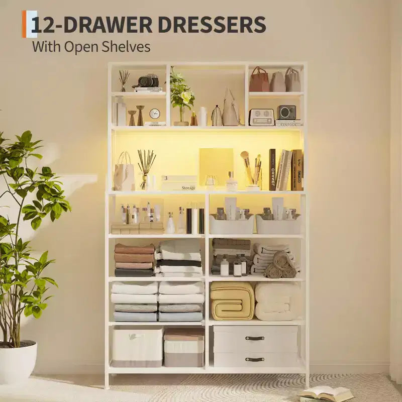 Cómoda para dormitorio, cajonera de tela de 12 cajones, estantes abiertos, tapa de madera y estructura de metal para dormitorio, pasillo o sala de estar