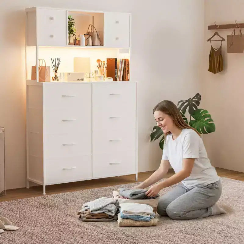 Cómoda para dormitorio, cajonera de tela de 12 cajones, estantes abiertos, tapa de madera y estructura de metal para dormitorio, pasillo o sala de estar
