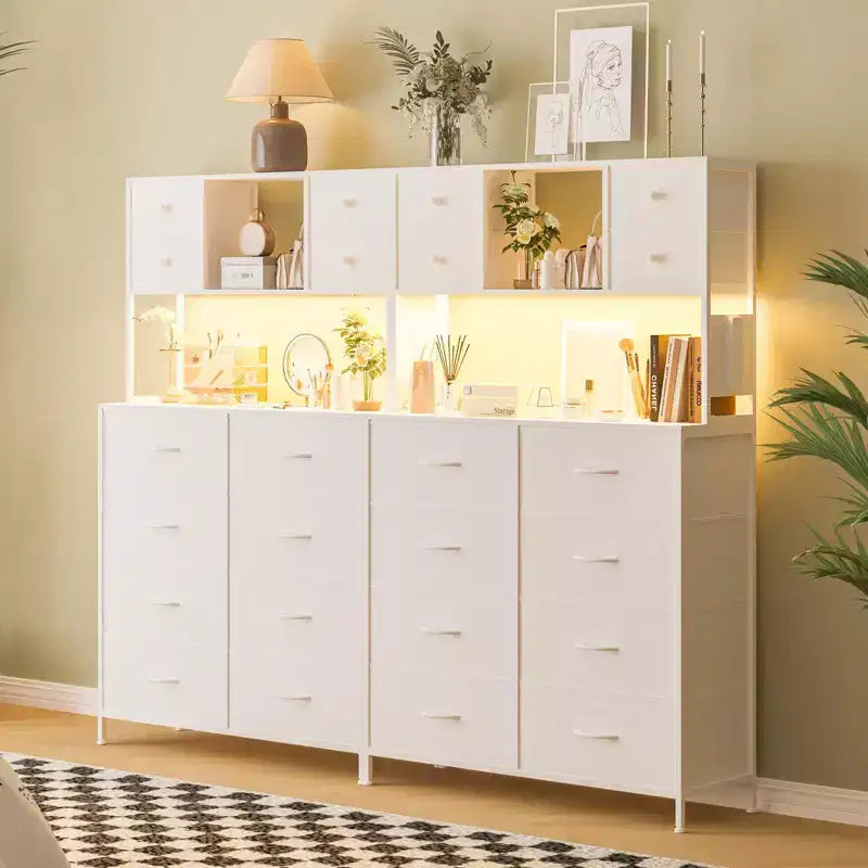 Cómoda para dormitorio, cajonera de tela de 12 cajones, estantes abiertos, tapa de madera y estructura de metal para dormitorio, pasillo o sala de estar