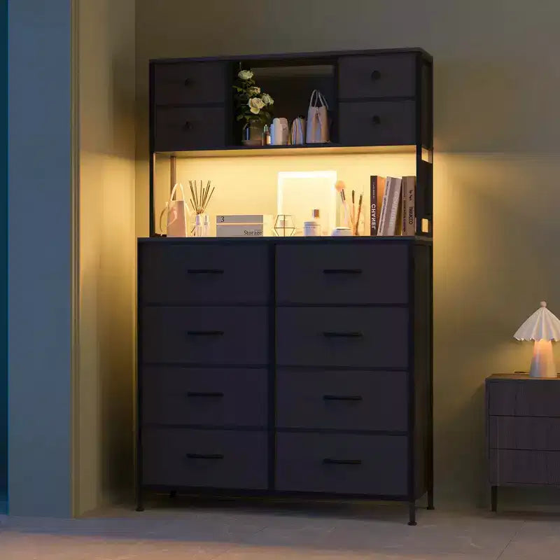 Cómoda para dormitorio, cajonera de tela de 12 cajones, estantes abiertos, tapa de madera y estructura de metal para dormitorio, pasillo o sala de estar