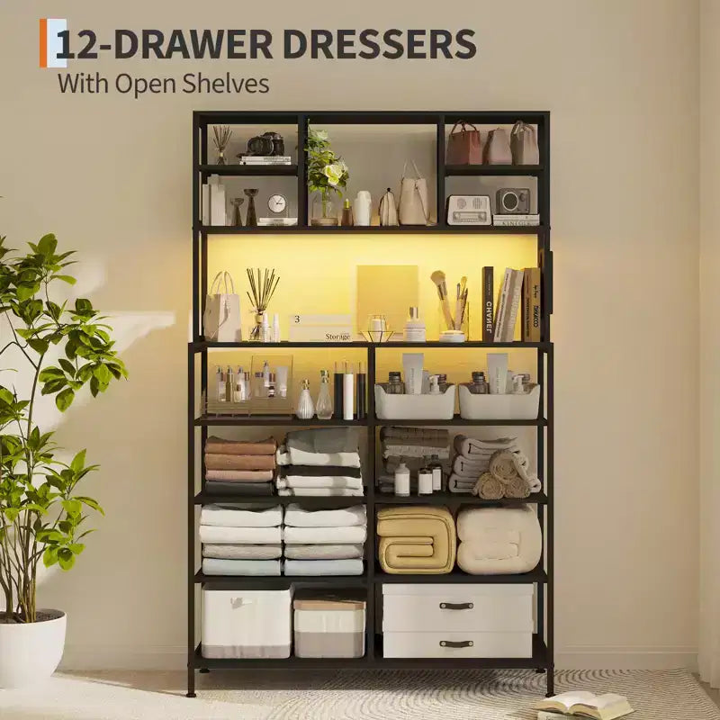 Cómoda para dormitorio, cajonera de tela de 12 cajones, estantes abiertos, tapa de madera y estructura de metal para dormitorio, pasillo o sala de estar