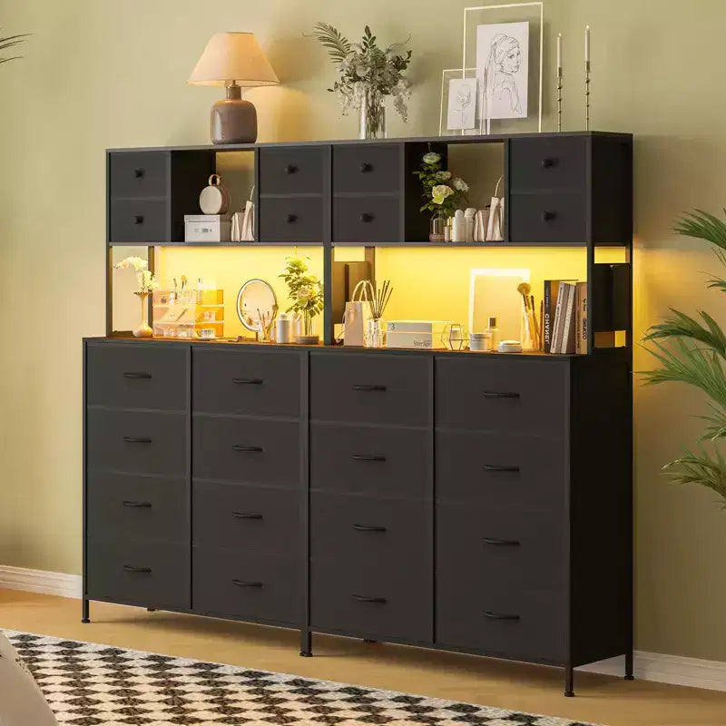 Cómoda para dormitorio, cajonera de tela de 12 cajones, estantes abiertos, tapa de madera y estructura de metal para dormitorio, pasillo o sala de estar