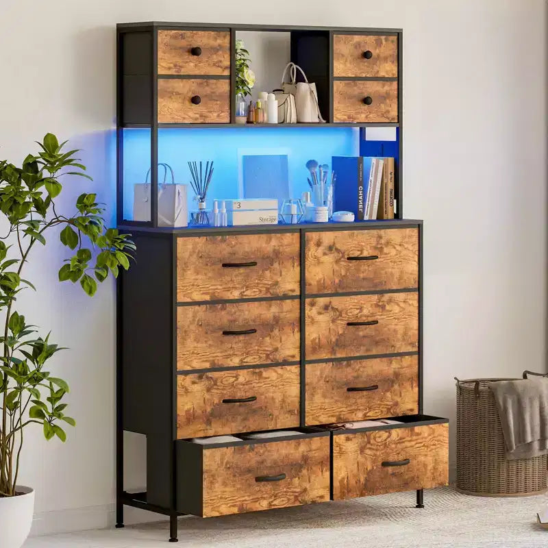 Cómoda para dormitorio, cajonera de tela de 12 cajones, estantes abiertos, tapa de madera y estructura de metal para dormitorio, pasillo o sala de estar