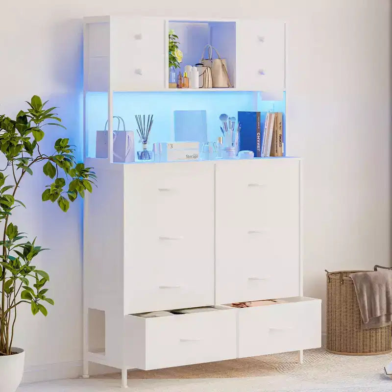 Cómoda para dormitorio, cajonera de tela de 12 cajones, estantes abiertos, tapa de madera y estructura de metal para dormitorio, pasillo o sala de estar