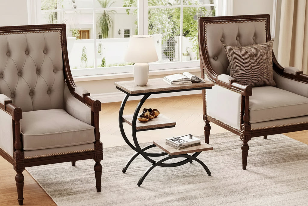 Lantine Industrial C-Shaped Narrow End Table with 3 Storage Shelves, Wood Top and Black Metal Frame, Ideal for Living Room, Oak Finish.