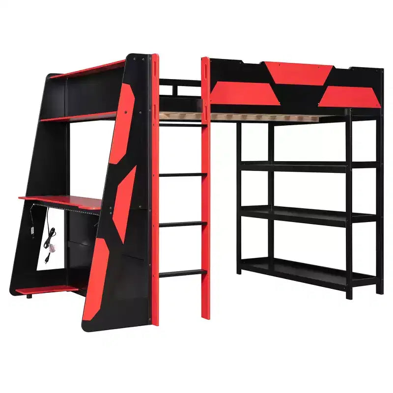 Cama alta gaming completa Luxystar con escritorio, estantes de almacenamiento y luces