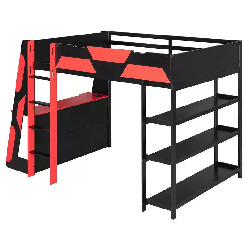 Cama alta gaming completa Luxystar con escritorio, estantes de almacenamiento y luces
