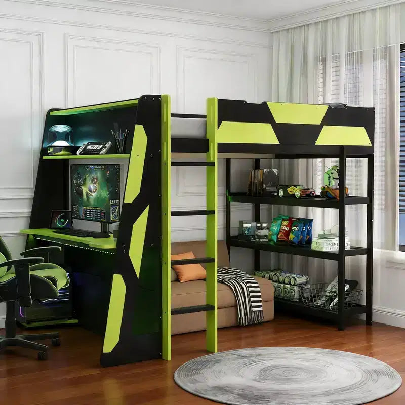 Cama alta gaming completa Luxystar con escritorio, estantes de almacenamiento y luces