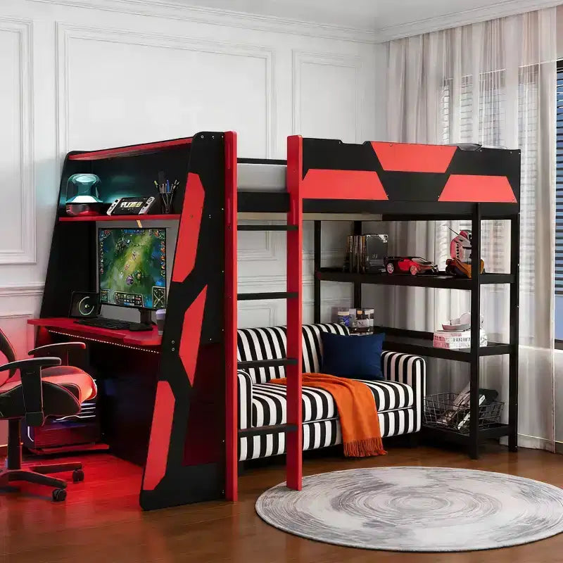 Cama alta gaming completa Luxystar con escritorio, estantes de almacenamiento y luces