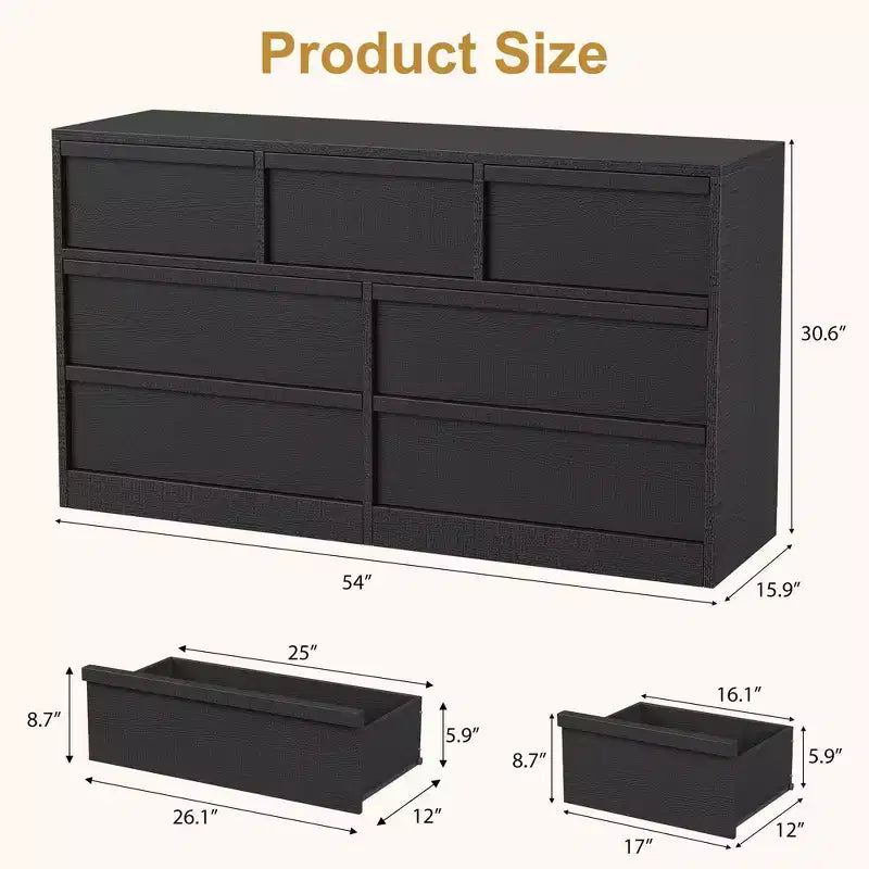 Cómoda de 7 cajones para dormitorio, cómoda organizadora negra con tiradores cóncavos, cómoda moderna de 7 cajones para dormitorio, sala de estar, guardería