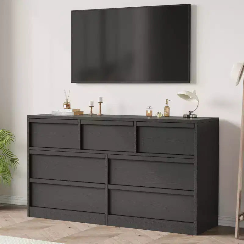 Cómoda de 7 cajones para dormitorio, cómoda organizadora negra con tiradores cóncavos, cómoda moderna de 7 cajones para dormitorio, sala de estar, guardería