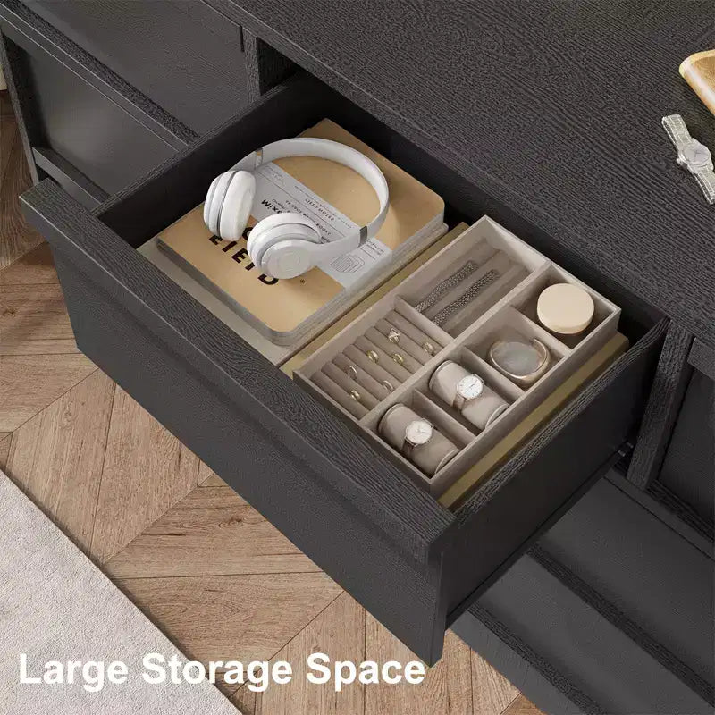 Cómoda de 7 cajones para dormitorio, cómoda organizadora negra con tiradores cóncavos, cómoda moderna de 7 cajones para dormitorio, sala de estar, guardería