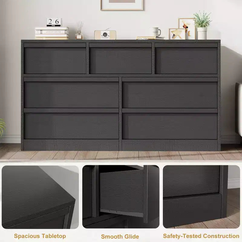 Cómoda de 7 cajones para dormitorio, cómoda organizadora negra con tiradores cóncavos, cómoda moderna de 7 cajones para dormitorio, sala de estar, guardería