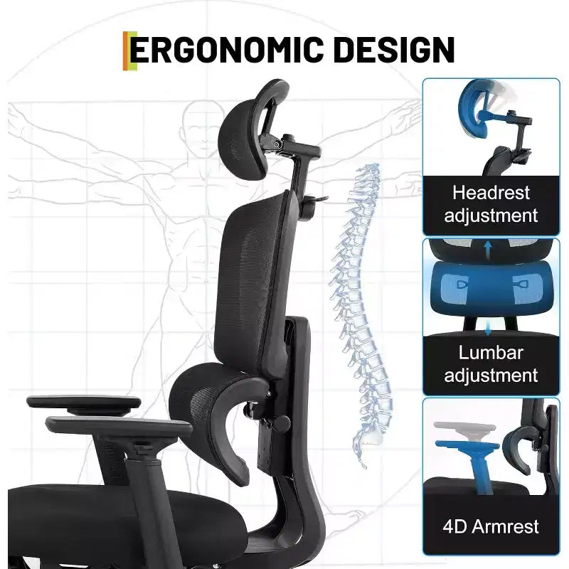 Silla de oficina profesional con respaldo alto, soporte lumbar ajustable, reposacabezas 3D, reposabrazos abatibles para trabajo de escritorio, capacidad de 300 lb, negra