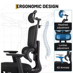 Silla de oficina profesional con respaldo alto, soporte lumbar ajustable, reposacabezas 3D, reposabrazos abatibles para trabajo de escritorio, capacidad de 300 lb, negra