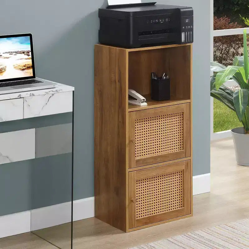 Armario de Almacenamiento Boho de Ratán Tejido con 2 Puertas y Estante Marrón y Beige