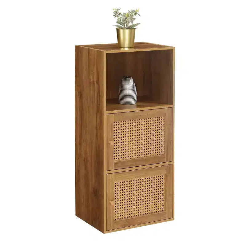 Armario de Almacenamiento Boho de Ratán Tejido con 2 Puertas y Estante Marrón y Beige