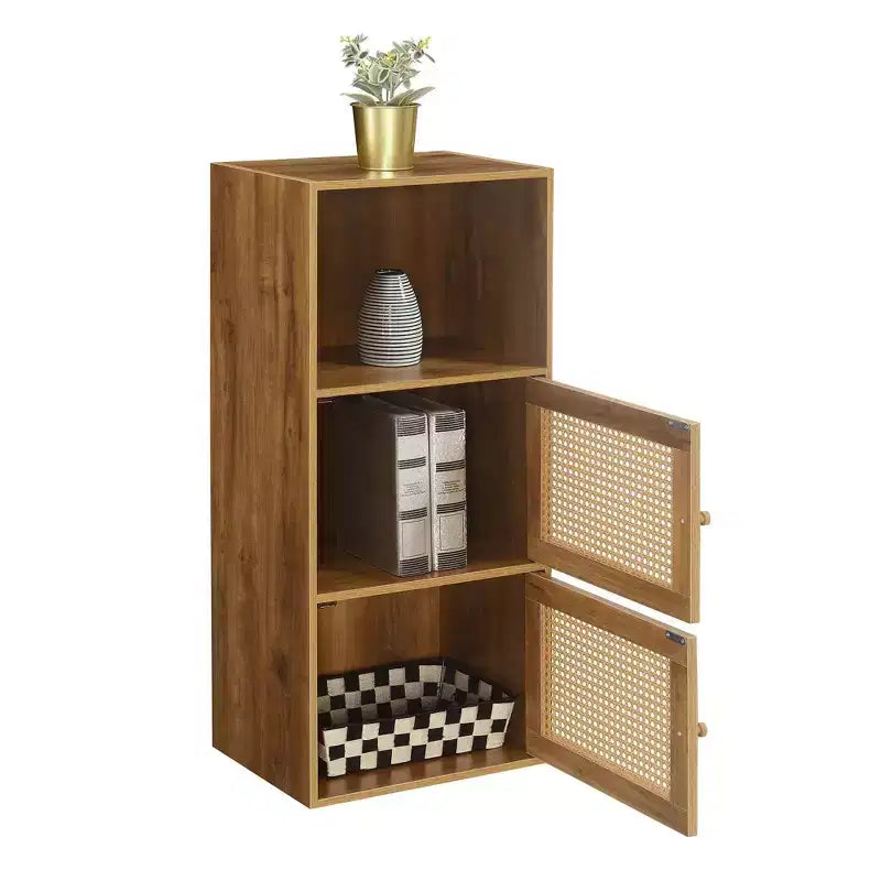 Armario de Almacenamiento Boho de Ratán Tejido con 2 Puertas y Estante Marrón y Beige