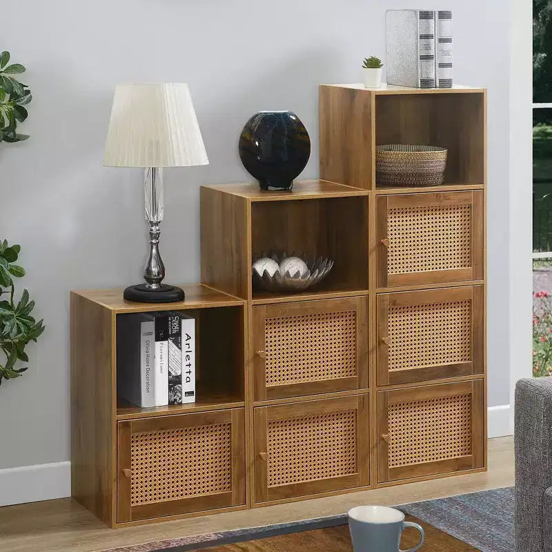 Armario de Almacenamiento Boho de Ratán Tejido con 2 Puertas y Estante Marrón y Beige