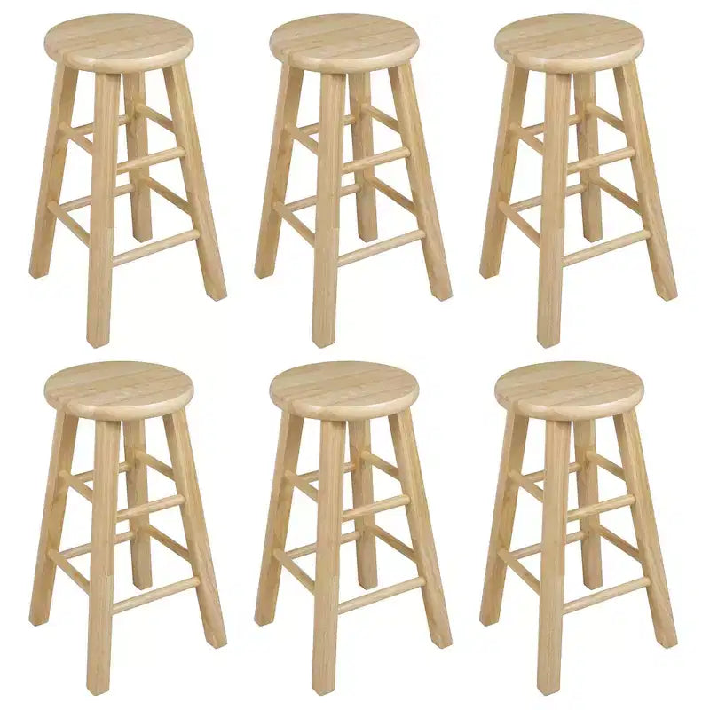 PJ Wood Classic Round-Seat 24 Tall Kitchen Counter Stools for Homes, Dining Spaces, and Bars with Backless Seats, 4 Square Legs, Natural (Set of 6)