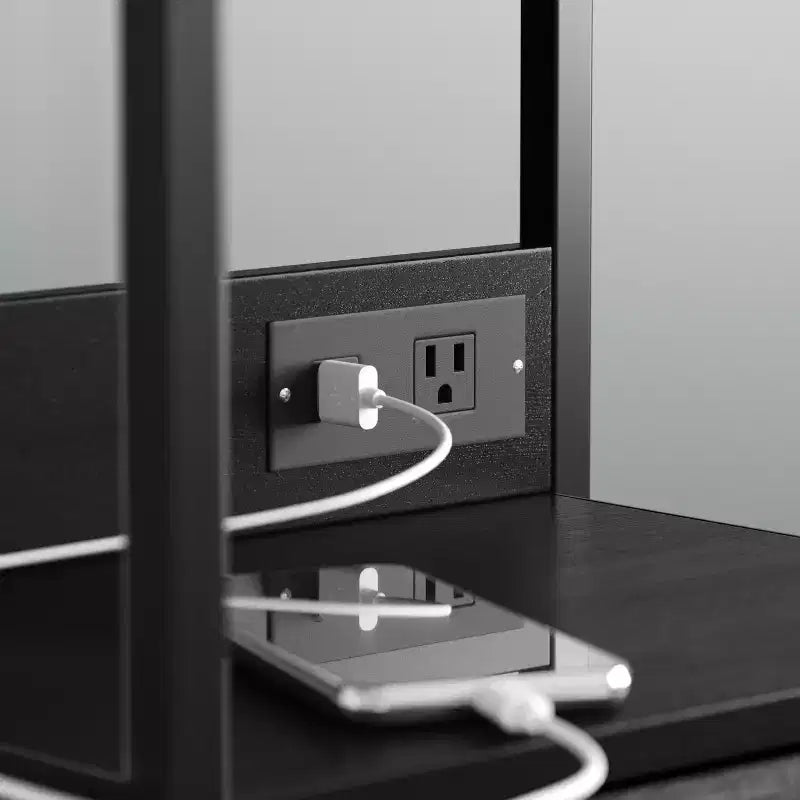 Mesa de noche Emma y Oliver con 3 cajones de tela, estación de carga con 2 puertos USB/toma de corriente, parte superior de madera de ingeniería, asas de madera, estructura de metal